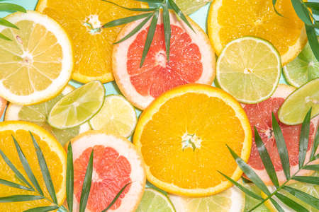 Colorful flatlay of citrus fruit slices and tropical palm leaves. Orange, grapefruit, lemon, lime bright high-colored slices on turquoise blue background. summer holiday background top viewの写真素材