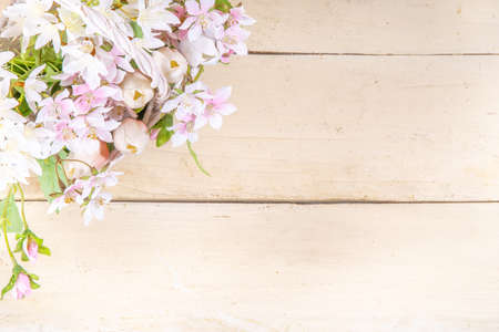 Spring flowers basket on light beige warm colored background. Spring holiday, mother day greeting...