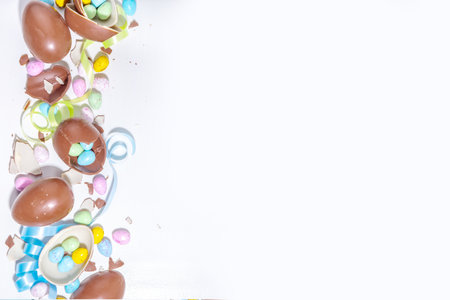 Happy Easter colorful flatlay. Bright high-colored and chocolate Easter eggs with festive holiday...