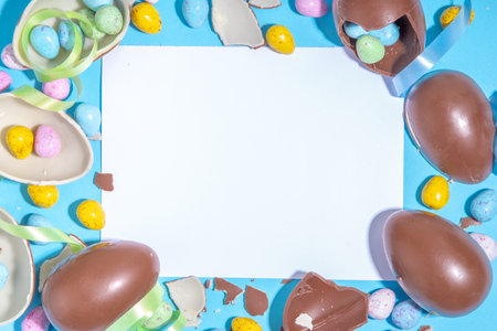 Happy Easter colorful flatlay. Bright high-colored and chocolate Easter eggs with festive holiday...