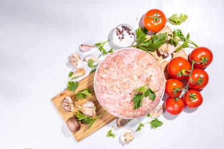 Chicken or turkey minced meat with spices, cooking preparation background. Homemade raw minced white meat with herbs, tomatoes, herbs on a white table backgroundの写真素材
