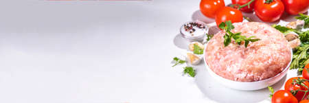 Chicken or turkey minced meat with spices, cooking preparation background. Homemade raw minced white meat with herbs, tomatoes, herbs on a white table backgroundの写真素材