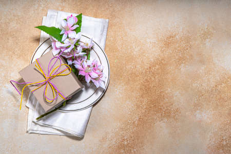 Mothers day, wedding, birthday, spring holiday greeting card background. Moms day table setting...