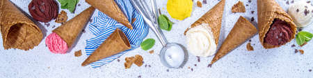 Collection of bright colorful ice cream in waffle cones, Set of various flavor ice cream on white...