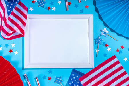 4 july independence day greeting card background with star confetti, American flags, festive decor,...