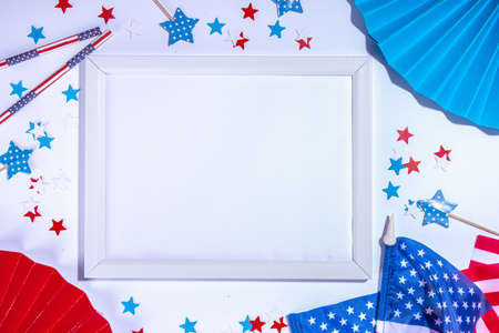 4 july independence day greeting card background with star confetti, American flags, festive decor, ribbon. USA Independence Day, American Labor day, Memorial Day, US election concept.の写真素材