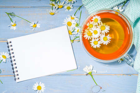 Cup of brewed chamomile tea with bouquet of chamomile daisy, blue wooden background copy space. Herbal organic cold drink.の写真素材
