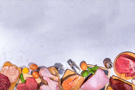 Carnivore diet background. Various non-vegan protein sources, Traditional Carnivore food - meat and fish, chicken breast, pork steak, beef steak, patty, heart, liver, eggs with spices for cookingの写真素材