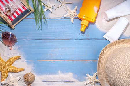 Sunscreen suncare background. Mockup background with vacation accessory, suntan lotion bottle,...