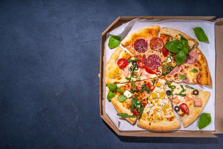 Various taste type pizza pieces with different traditional filling - seafood fish salmon, Hawaiian with chicken, vegetarian vegetable margarita, meat carbonara, salami on dark gray backgroundの写真素材