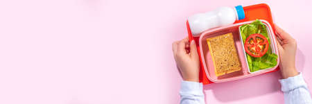 Healthy school meal, back to school concept. Children packed lunch box with balanced diet snack food - yogurt, cereal toast sandwich, apple, fresh vegetable salad, high-colored bright backgroundの写真素材