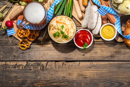Oktoberfest holiday greeting card, menu, invitation background, Traditional Oktoberfest festival food, bavarian sausages, pretzels, potato, sauerkraut, beer mug on wooden background, copy space aboveの写真素材