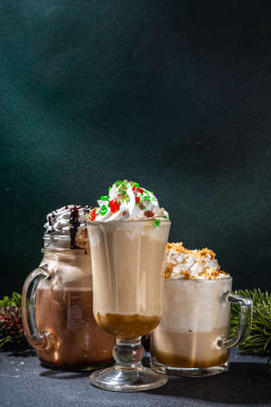 Autumn winter coffee latte set, Autumn winter coffee drink assortment with various toppings -...
