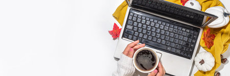 Cozy fall background with coffee cup, tablet notebook, ear-pods, white, orange pumpkins, autumn...