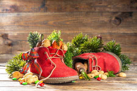 Sinterklaas, Saint Nicholas day background. Little kid red shoe with carrots and sweets, trooigoed, pepernoten, candy. Dutch Christmas holiday on cozy wooden background.の写真素材