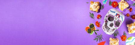 Spanish Mexican traditional holiday, autumn festival Day of the Dead (dia de los muertos) background. With traditional Pan de Muerto bread, decorations and marigold and cempasuchil flowersの写真素材