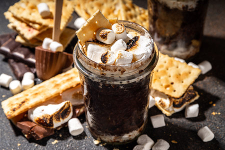 Dark chocolate Smores mug cake dessert, quick simple recipe baking in microwave, lava cake, brownie with marshmallows and graham crackers in a glassの写真素材