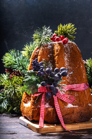 Traditional Italian Christmas fruit cake Panettone Pandoro with festive red ribbon and Christmas decorations, on dark wooden background, copy spaceの写真素材