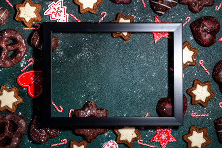 Christmas lebkuchen mix cookies, traditional Xmas chocolate Gingerbreads with holiday decoration,...