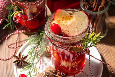 Hot mulled wine with cinnamon and star anise. Winter autumn fruit and berry grog, hot punch drink with orange, apple, cranberry, spices, with Christmas tree branches and gift boxes on wooden tableの写真素材