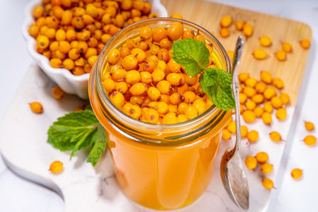Sea buckthorn jam, homemade jelly preserves in small glass jar with fresh sea buckthorn berries on...