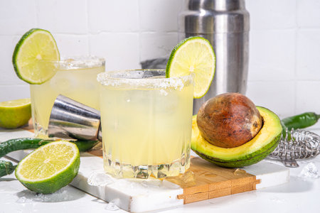 Classic refreshing alcoholic sweet and sour cocktail,  boozy Avocado and lime margarita shot drink...