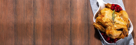 Thanksgiving dinner turkey or chicken baked with fresh cranberries, rosemary, spices. With cranberry sauce on a wooden lunch tableの写真素材