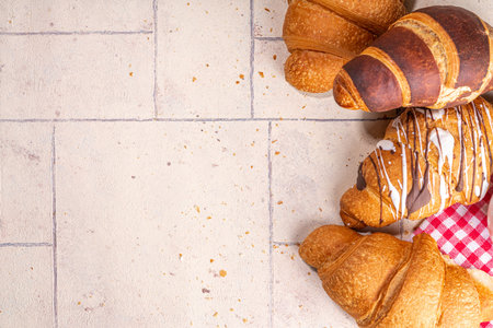 Freshly baked croissants with coffee espresso cup on beige tiled background top view copy spaceの写真素材