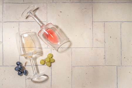 Wineglasses of red and white wine on beige tiled backgroundの写真素材