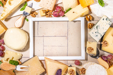 Different sorts of cheese set. Cheese platter with various cheese, with grapes, nuts, cheese knife and spices, light tiled background copy spaceの写真素材