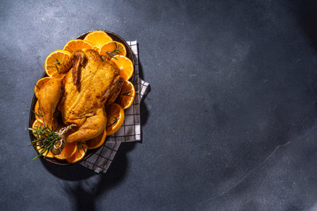 Christmas baked chicken or turkey with spices, oranges and cranberries  on dark concrete background copy space top viewの写真素材