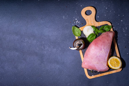 Raw turkey breast filet with spices for cooking. Turkey breast white meat cooking background copy space top viewの写真素材