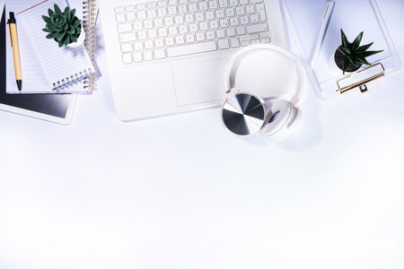 Simple minimalist home office desk workspace with laptop, cactus succulents, on light white background. Top view copy space blank mock up. Freelancer business flat lay workplaceの写真素材