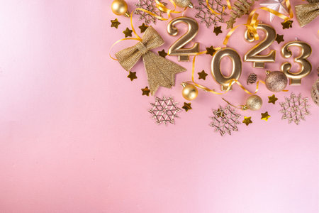 New year 2023 celebration greeting card background Gold numbers 2023 with golden party decoration,...