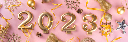 New year 2023 celebration greeting card background Gold numbers 2023 with golden party decoration,...
