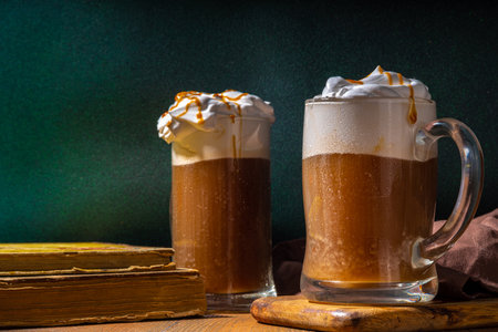 Sweet Homemade Butterscotch Butter Beer, non-alcohol beer styled caramel autumn winter drink, with...