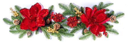 White simple christmas, New Year holidays background with Christmas tree branches, winter red berries, poinsettia flowers, flatlay top view copy spaceの写真素材