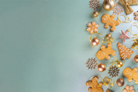Christmas Gingerbread cookie background. Various festive biscuits - Gingerbread man, snowflakes,...