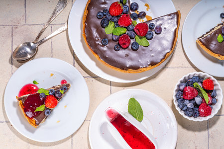 Homemade cheesecake with chocolate and berry. Sweet cottage cheese cake pie with fresh and chocolate...