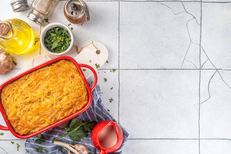 Homemade baked potato casserole with cream, cheese and potato, grated c, french american cuisine, like grated gratin or mac and cheese vegetable alternativeの写真素材