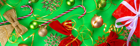 Bright green New Year, Noel, Christmas background with red, green, golden Christmas ornaments, fir...