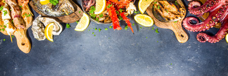 Assortment various barbecue Mediterranean grill food - fish, octopus, shrimp, crab, seafood,...