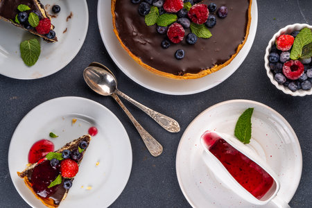 Homemade cheesecake with chocolate and berry. Sweet cottage cheese cake pie with fresh and chocolate topping, classic dessert om black concrete table copy spaceの写真素材