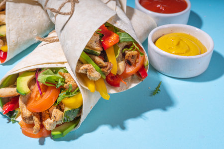 Classic street food shawarma or burrito, healthy sandwich wrapped in tortilla flat bread with fried chicken meat, fresh vegetables, sauce, on bright blue wood background, top view flat lay copy spaceの写真素材