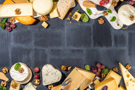 Different sorts of cheese set. Cheese platter with various cheese, with grapes, nuts, cheese knife and spices, black tiled background copy spaceの写真素材