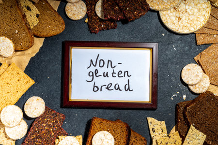 Gluten free allergic diet, celiac disease concept. Collection of various non-gluten different bread,...