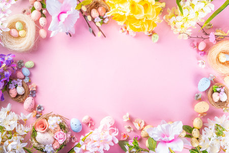 Spring Easter holiday top view flat lay background with eggs in nests and flowers. Happy Easter ...
