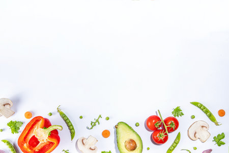 Various fresh vegetables pattern. Raw organic vegetables, salad ingredients bright flatlay on white background. Healthy diet common diet, vegan vegetarian food cooking background copy spaceの写真素材