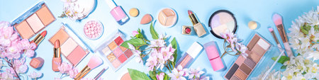 Spring make up set on light blue background. Different make-up professional cosmetics, beauty...