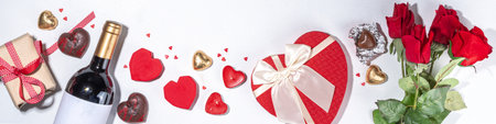 Valentine's Day greeting card flat lay. Valentine day isolated white background with wine bottle,...